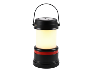 A single lantern with black and red colors on a clean white surface