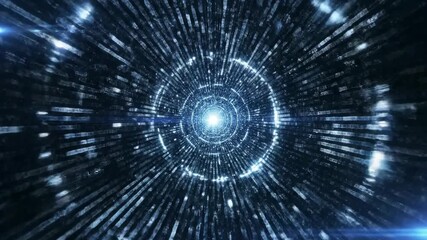 A dynamic, cold blue digital data tunnel, composed of bright binary code streams, is rapidly flowing through futuristic cyberspace in this powerful 3d motion graphics rendering. - Powered by Adobe