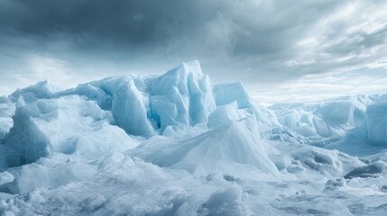Ice formations on a cloudy day in a vast frozen landscape