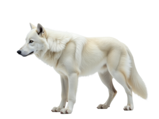 A white wolf stands on a white surface, making it easy to isolate the animal from any background