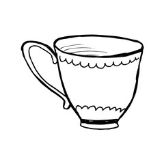 Hand drawn line art tea mug with a cute small pattern. Cozy doodle cup illustration in minimal sketch style for cafe branding, kids design, stationery, stickers, cozy lifestyle and slow living visuals