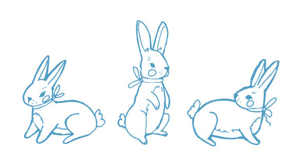 Cute bunny character set with three poses: standing, walking and looking back. Hand drawn blue line art rabbits with bows and rosy cheeks, perfect for kids design, nursery decor, stickers, branding an