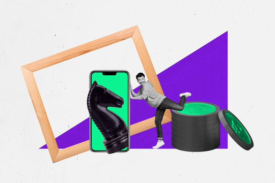 Template sketch image composite artwork collage of salary rich trade investment coins young man stand hold smarphone forse chess figure