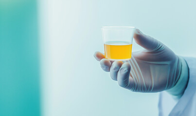 Hand holding a small glass of yellow human fluid for diagnosis, symbolizing healthcare, medical testing, or wellness diagnostics.