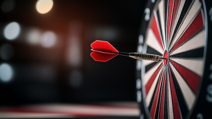 Dart hitting the bullseye of a target board, symbolizing accuracy, success, focus, and goal achievement.