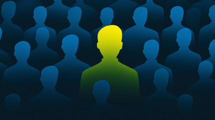 One person highlighted among a group, symbolizing leadership, individuality, uniqueness, and talent recognition.