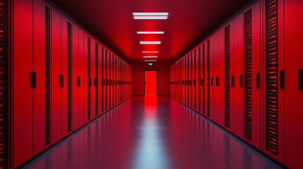 Long red illuminated corridor a data centre, creating a dramatic, futuristic, and cinematic interior atmosphere.