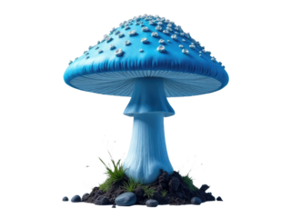 A blue mushroom growing out of a pile of rocks