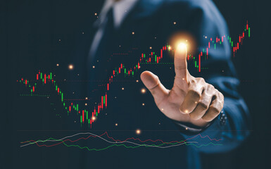 A business professional interacts with a digital candlestick chart, representing stock market analysis, trading strategy, price movement, financial forecasting, investment decisions.