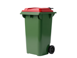 A green trash can with a red lid sitting on the ground