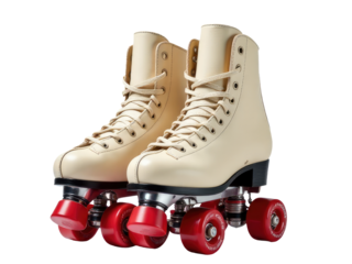 A pair of white roller skates featuring red wheels for a unique and bold look