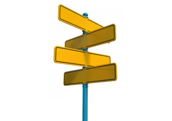 Three yellow road signs on blue pole yellow signs directional signs isolated on a transparent background