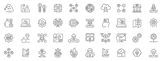 Efficiency icons set: editable line icons, linear workflow, productivity visuals