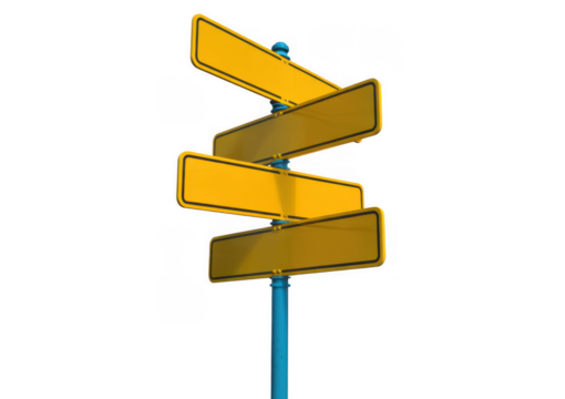 Three yellow road signs on blue pole yellow signs directional signs isolated on a transparent background - Powered by Adobe