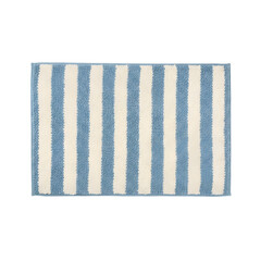 Soft blue and white striped bath mat featuring a plush looped texture, ideal for bathroom decor or as a small area rug, isolated on a transparent background for versatile interior design use.