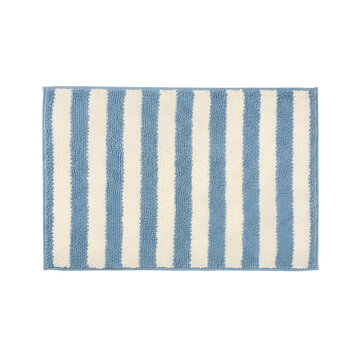 Soft blue and white striped bath mat featuring a plush looped texture, ideal for bathroom decor or as a small area rug, isolated on a transparent background for versatile interior design use.