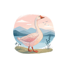 Majestic goose silhouette at sunset over tranquil lake with vibrant sky reflections