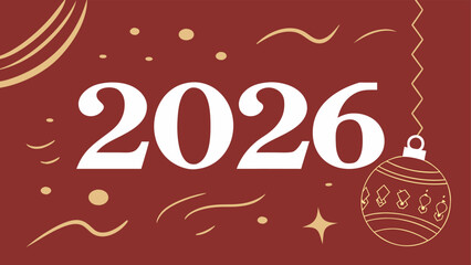 Festive New Year card featuring white 2026 numbers with a glittery red bauble hanging on a ribbon and golden confetti on a red background.