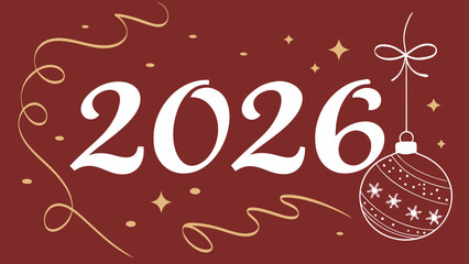 2026 in white, with a glittery red bauble hanging from a ribbon and golden confetti on a rich red background for a joyful New Year greeting.