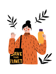 Woman holding a reusable bottle and bag with a message about saving the planet in a creative style