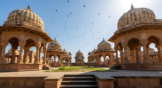 Pigeons flying above Bada Bagh, Jaisalmer, Rajasthan, India