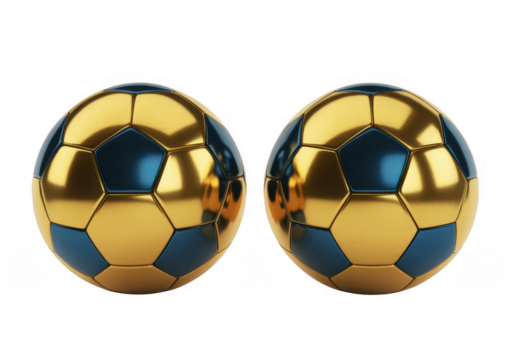 Two shiny gold soccer balls side by side on black reflective isolated on a transparent background - Powered by Adobe