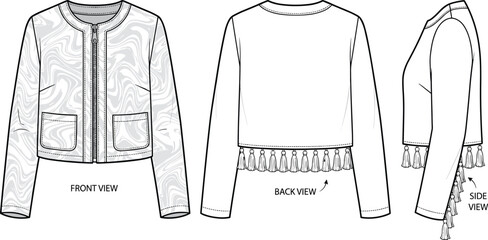 Women jacket technical sketch, front back side view, fringe hem, zipper pockets trim detail, fashion flat drawing, flat vector illustration © Creative _design
