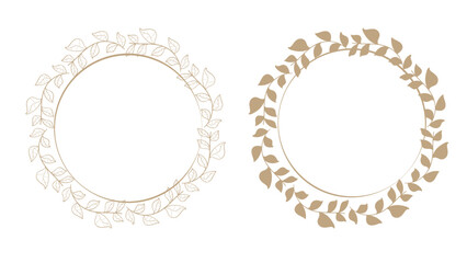  Floral Frame Circular Branch Leaves Line Art Silhouette Wreath Vintage Brown.Vector Illustration