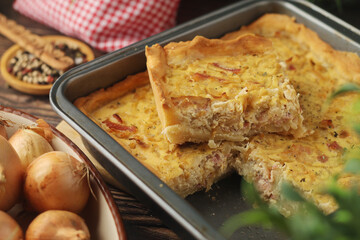 Zwiebelkuchen, a pie with onion and bacon, traditional German dish	