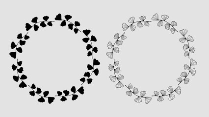 Floral Frame Circular Branch Ginkgo Biloba Line Art Silhouette Wreath.Vector Illustration