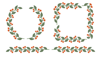 Laurel Wreath Border and Divider Berries Set Flat Illustration Botanical Christmas Elements.Vector Design