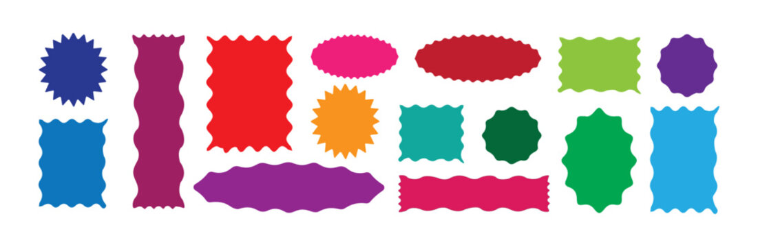 Set of red starburst. Price sticker, sale sticker, price tag, starburst, quality mark, retro stars, sale. Circle sticker set. Wavy edge promo red badges. Star burst shape tags for price.