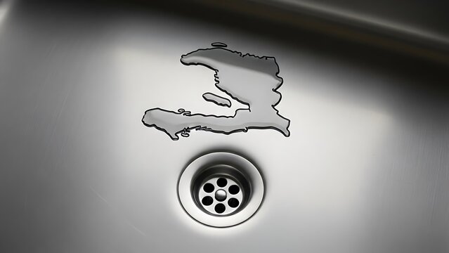 A stainless steel sink featuring the shape of hispaniola and a drain