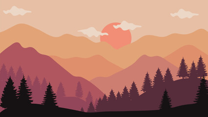 Sunset with Landscape Mountains Brown Orange Color with Silhouette Pine Trees.Vector Illustration