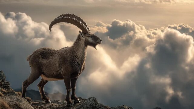 Mountain Goat Standing on Rocky Cliff Above Clouds at Sunrise