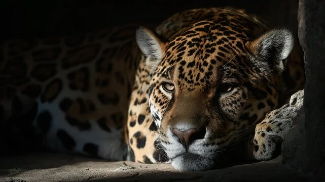 Jaguar resting in dark rocky shelter with intense gaze wildlife scene