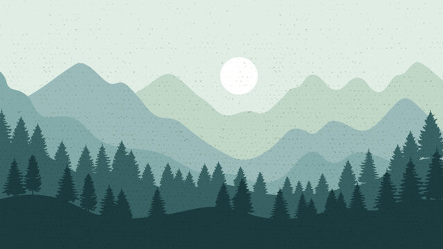 Mountains Green Panorama Forest Mountain Range Landscape Twilight Camping Nature Silhouette Vector Illustration.Vector Background