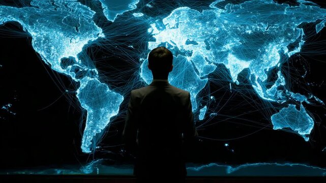 Businessman Looking at Digital World Map with Global Network Connections