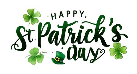 Happy st patrick s day watercolor lettering with shamrocks and a leprechaun hat