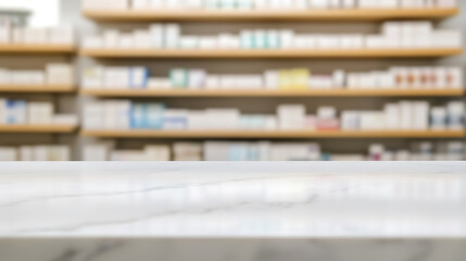 Marble countertop in a pharmacy. Soft focus shelves behind it. Ideal for product promotion and healthcare advertisements, featuring a clean and professional look.