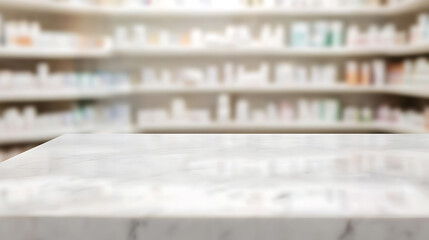Clean, bright pharmacy background. Marble counter provides a neutral surface for product display, shelf of medications in the background, promoting health and wellness.
