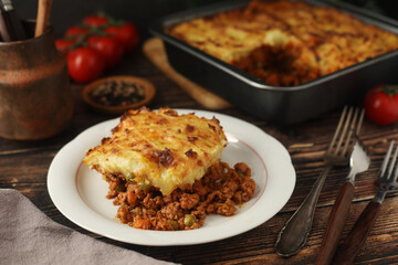 A shepherd's pie, freshly backed and ready to be served. Traditional English dish
