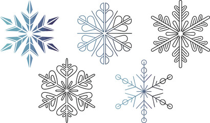 Set of stylized snowflakes on transparent background for winter design decoration and winter holidays celebration
