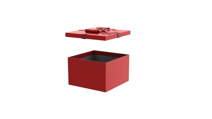 A red gift box with a red ribbon and bow, with the lid open and floating, on a white background