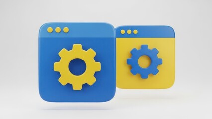 Stylized 3d render of software settings icon with gear symbol on a window interface.