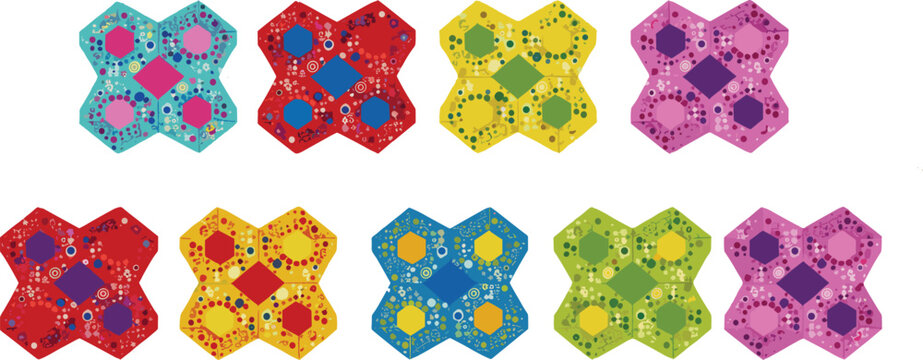 Collection of colorful abstract geometric cross shapes with intricate organic patterns and vibrant hexagonal centers for modern graphic design and artistic backgrounds - Powered by Adobe