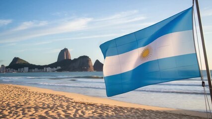 Argentinian Flag Waving on a Beach with Sugarloaf Mountain - Powered by Adobe