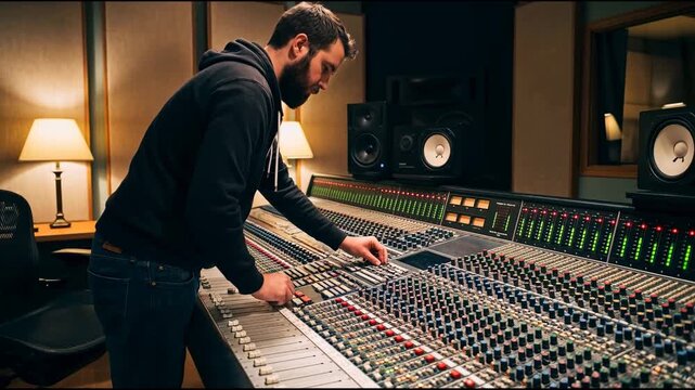 Bearded male sound engineer in hoodie adjusting knobs on large mixing console in professional recording studio - Powered by Adobe