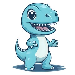 Adorable cartoon baby dinosaur with a wide, happy smile stands isolated on a white background