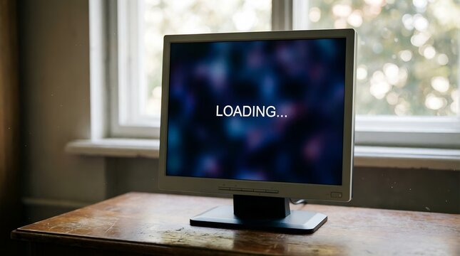 Computer Monitor Displaying LOADING Message on a Wooden Desk by a Window. - Powered by Adobe